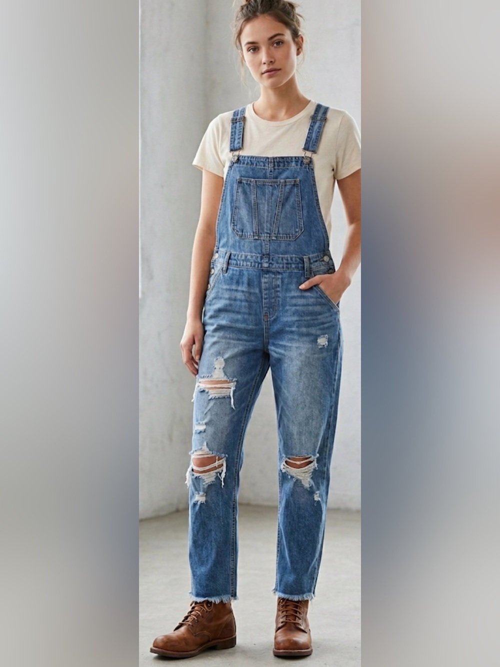 Kancan Distressed Blue Denim Overalls Jeans
